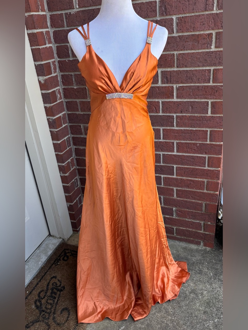 Jessica McClintock Orange Satin V-Neck Prom Gown with Rhinestone Accents